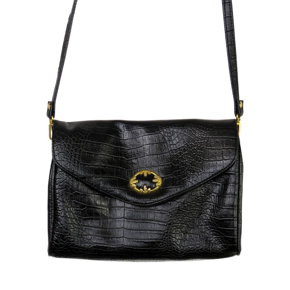 Vintage 1970s Croc Embossed Leather Crossbody Bag Black Gold Medium - Picture 2 of 10